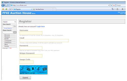 FFXIAH Registration Screen