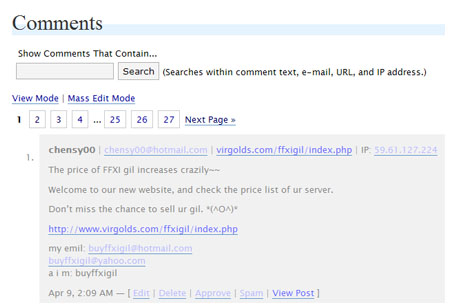 Buying Gil Spam Comment on WordPress, FFXI